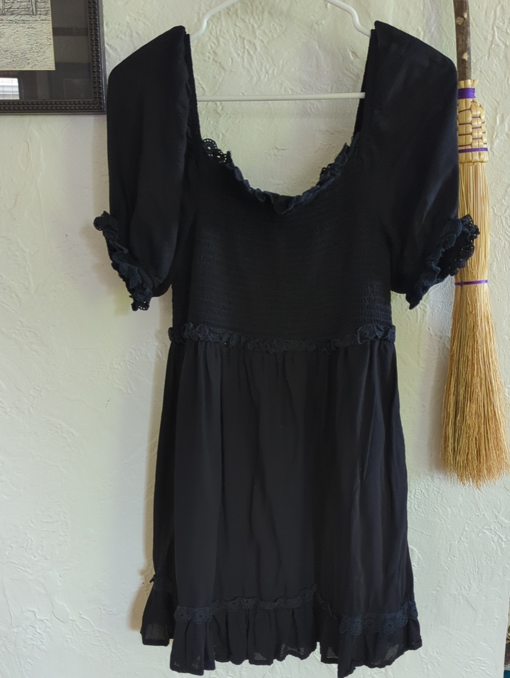 Topshop Black Smocked Lace-Trim Dress